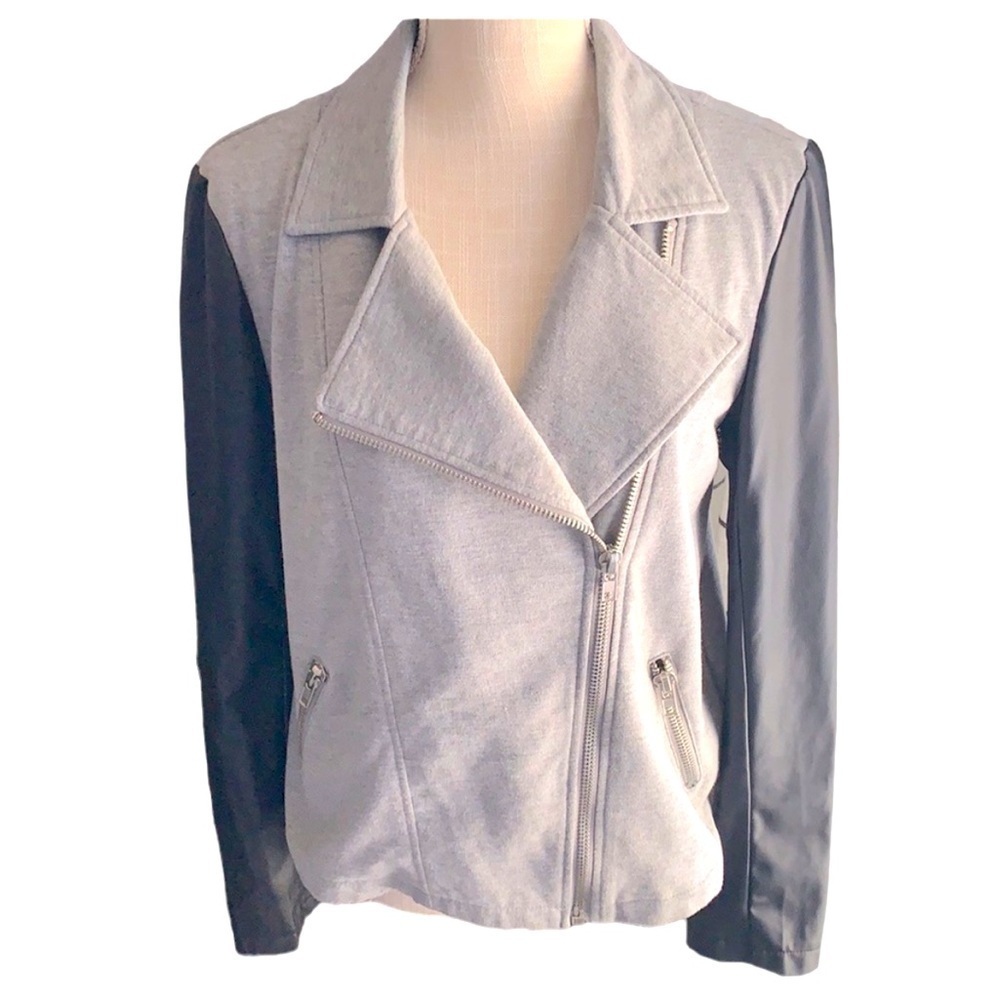 Forever 21 Faux‎ Leather Black & Gray Cotton Blend Zipper Moto Jacket Size Small